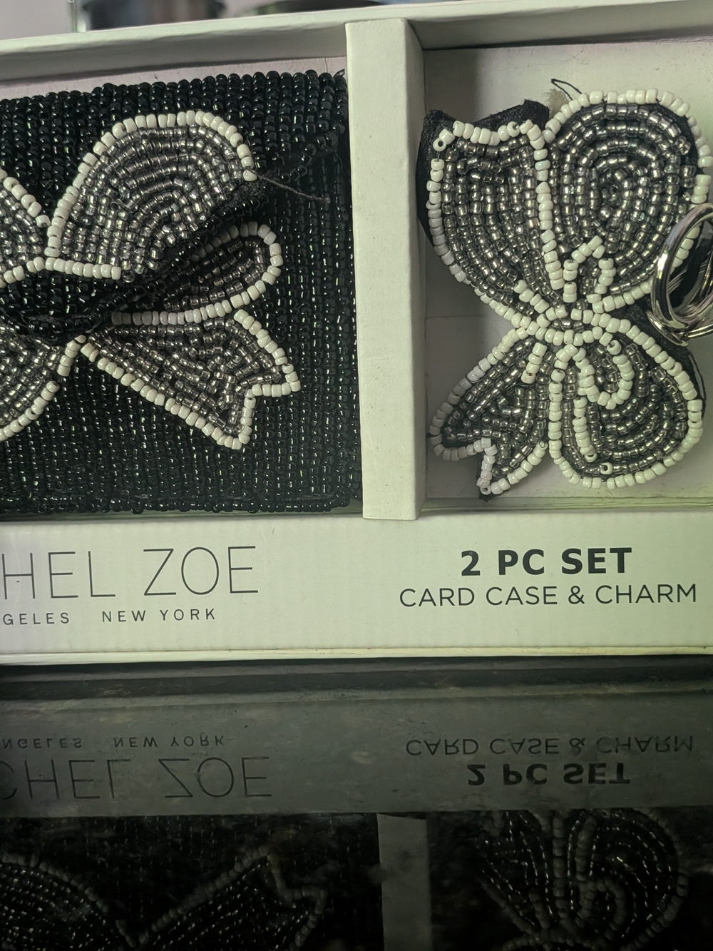 Rachel Zoe Black, White & Silver Beaded Card Case with Butterfly Charm